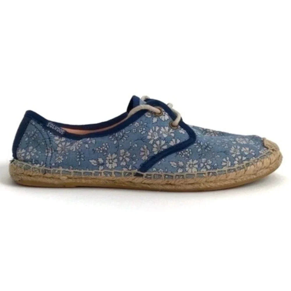 Soludos Chambray Denim Floral Lace Up Espadrille Sneakers in Blue and White 7
